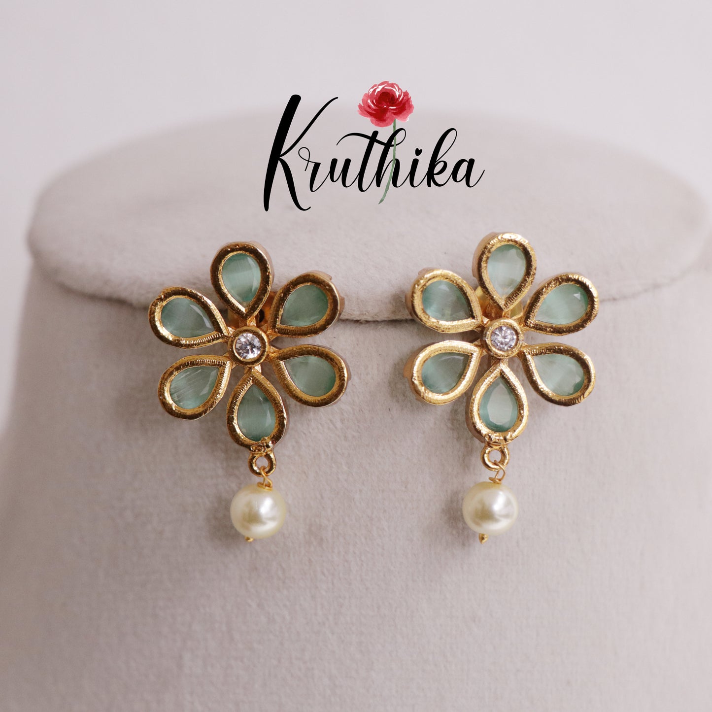 Beautiful Floral Ear Studs Pearl Drop E705 (Available in 5 Colours)