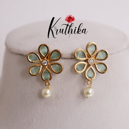 Beautiful Floral Ear Studs Pearl Drop E705 (Available in 5 Colours)