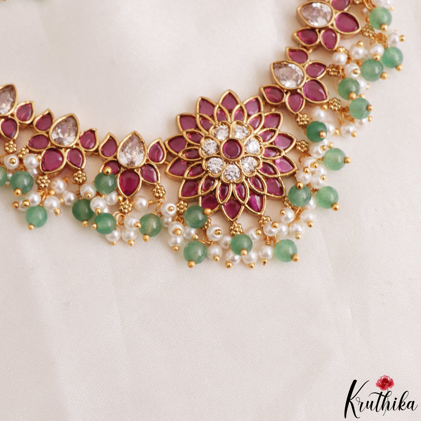 Gorgeous Floral Motifs Jadau Necklace With Green Bead Drops NC3218 (Available In 3 Colors)