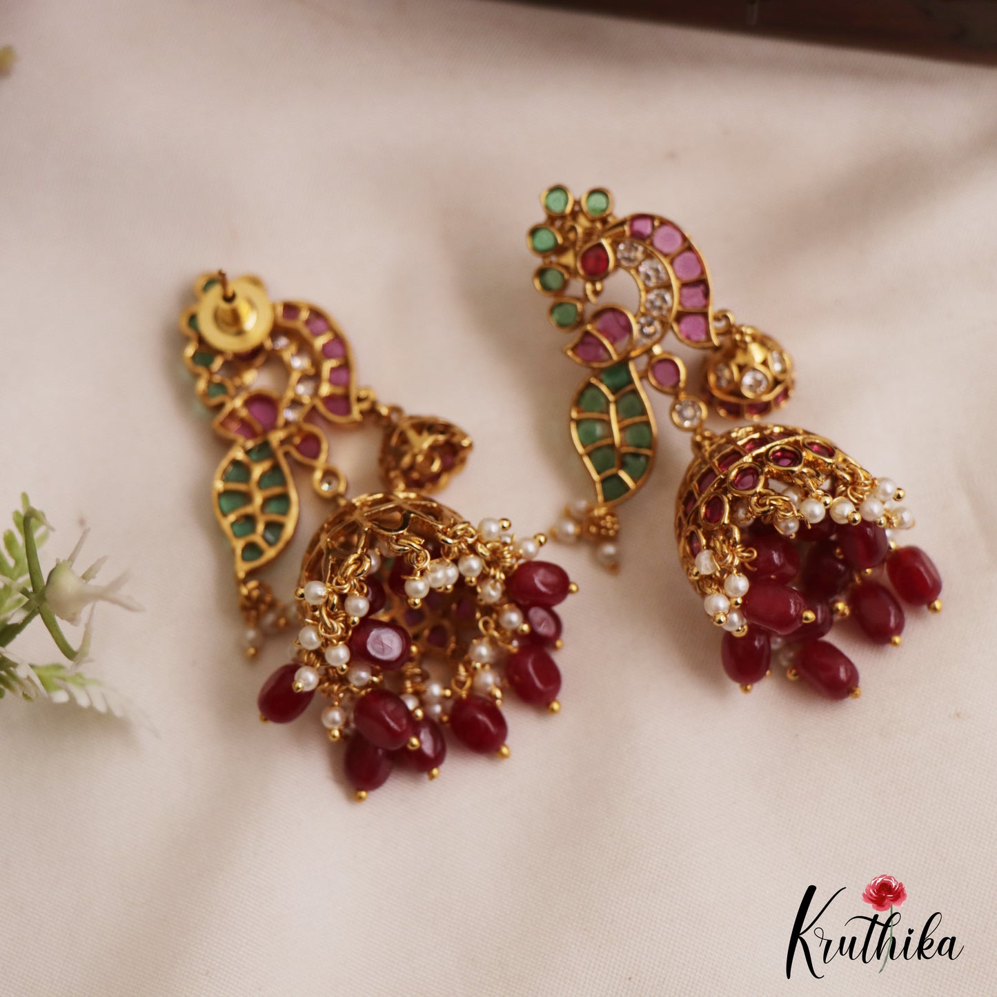 Beautiful Peacock Motifs Kemp Jhumkas With Pearl and Bead Drops E1090 (Available In 2 Colors)
