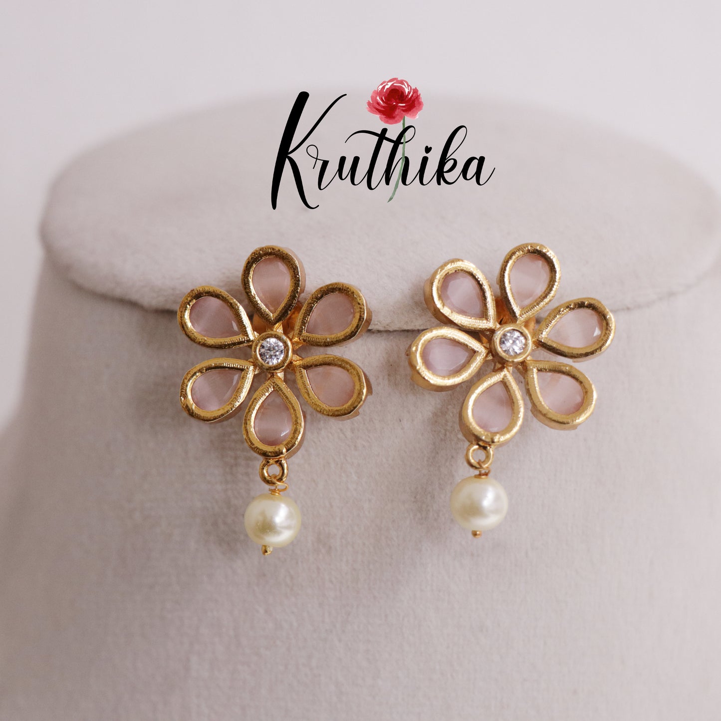 Beautiful Floral Ear Studs Pearl Drop E705 (Available in 5 Colours)