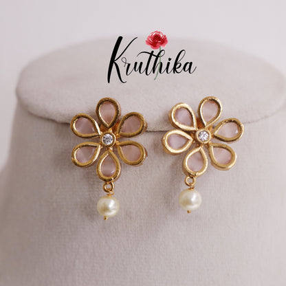 Beautiful Floral Ear Studs Pearl Drop E705 (Available in 5 Colours)