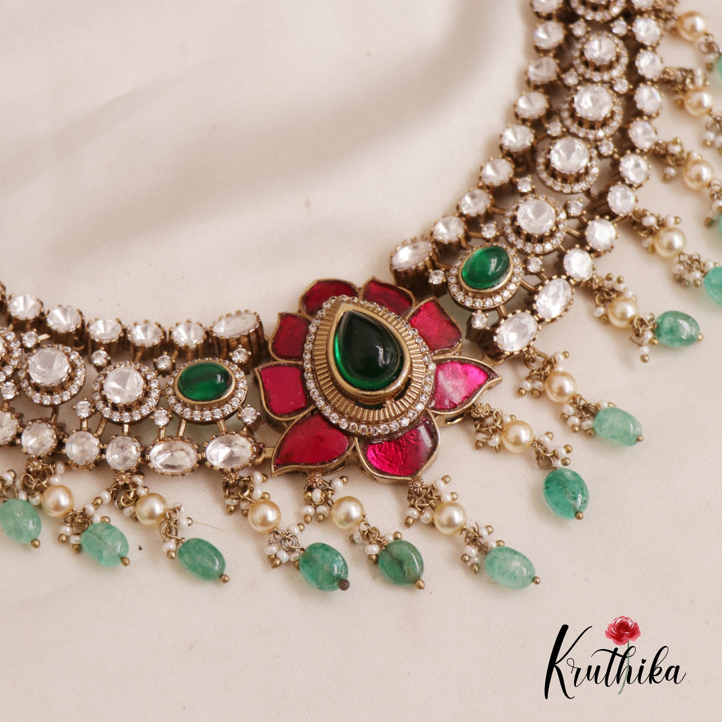 Stunning Jadau Lotus Motifs With Bead And Pearl Drops Necklace NC2557