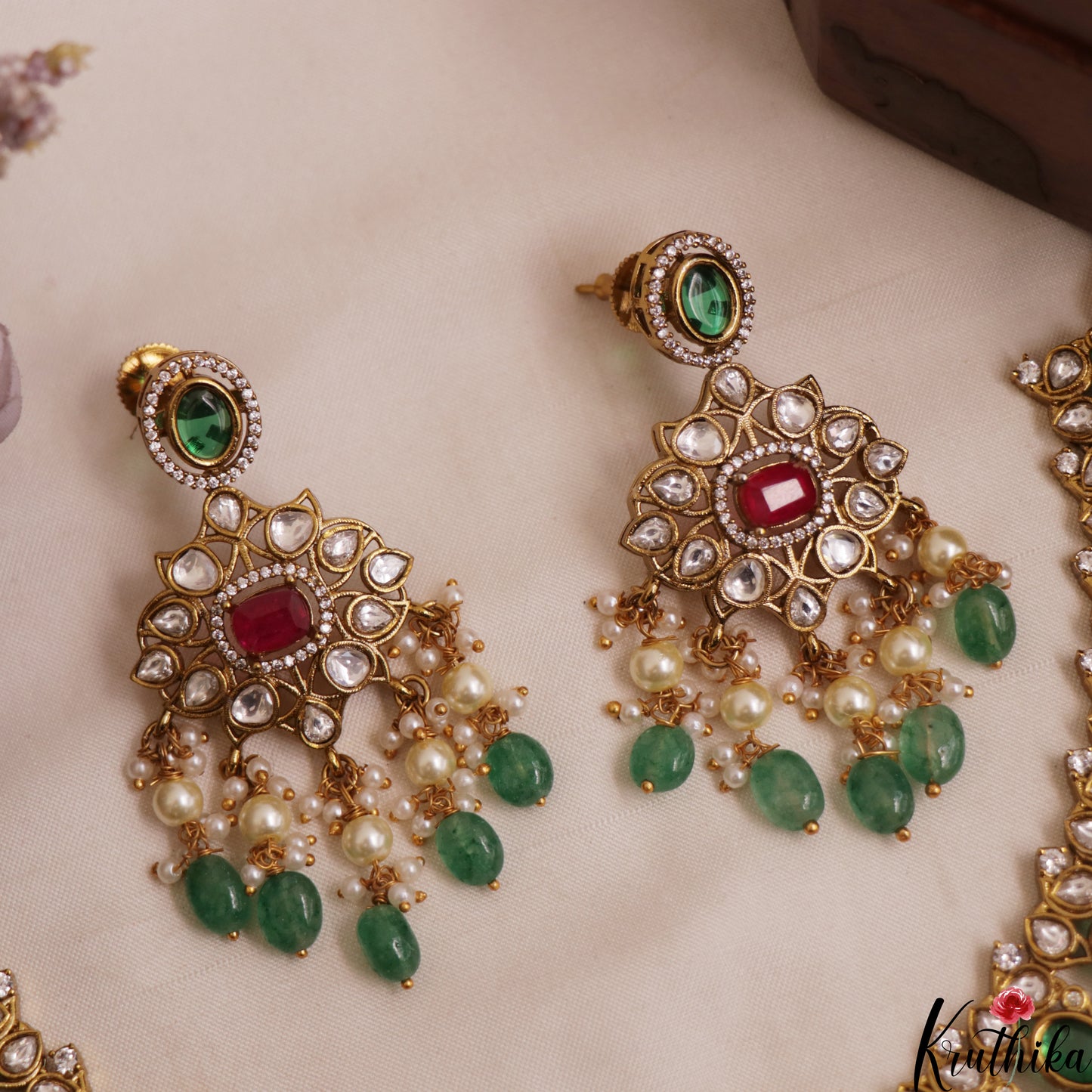 Premium Geometric Teardrop Motifs Jadau Choker With Green Bead Drops NC3011 (Available In 3 Colors)