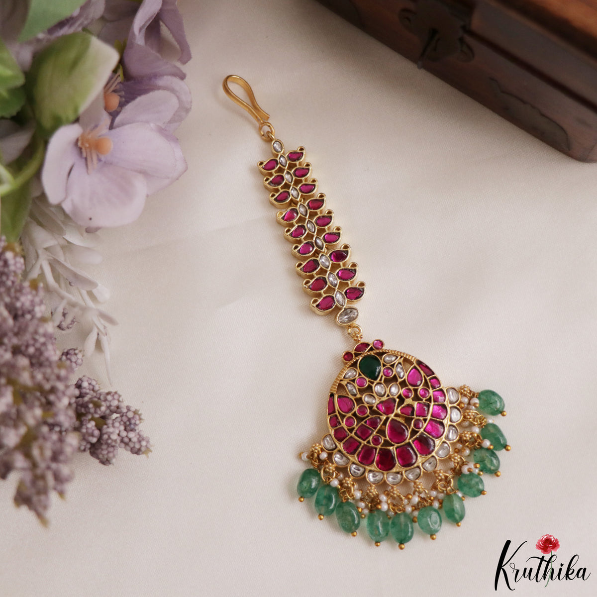 Gorgeous Jadau Maang Tika With Green Bead Drops MT417