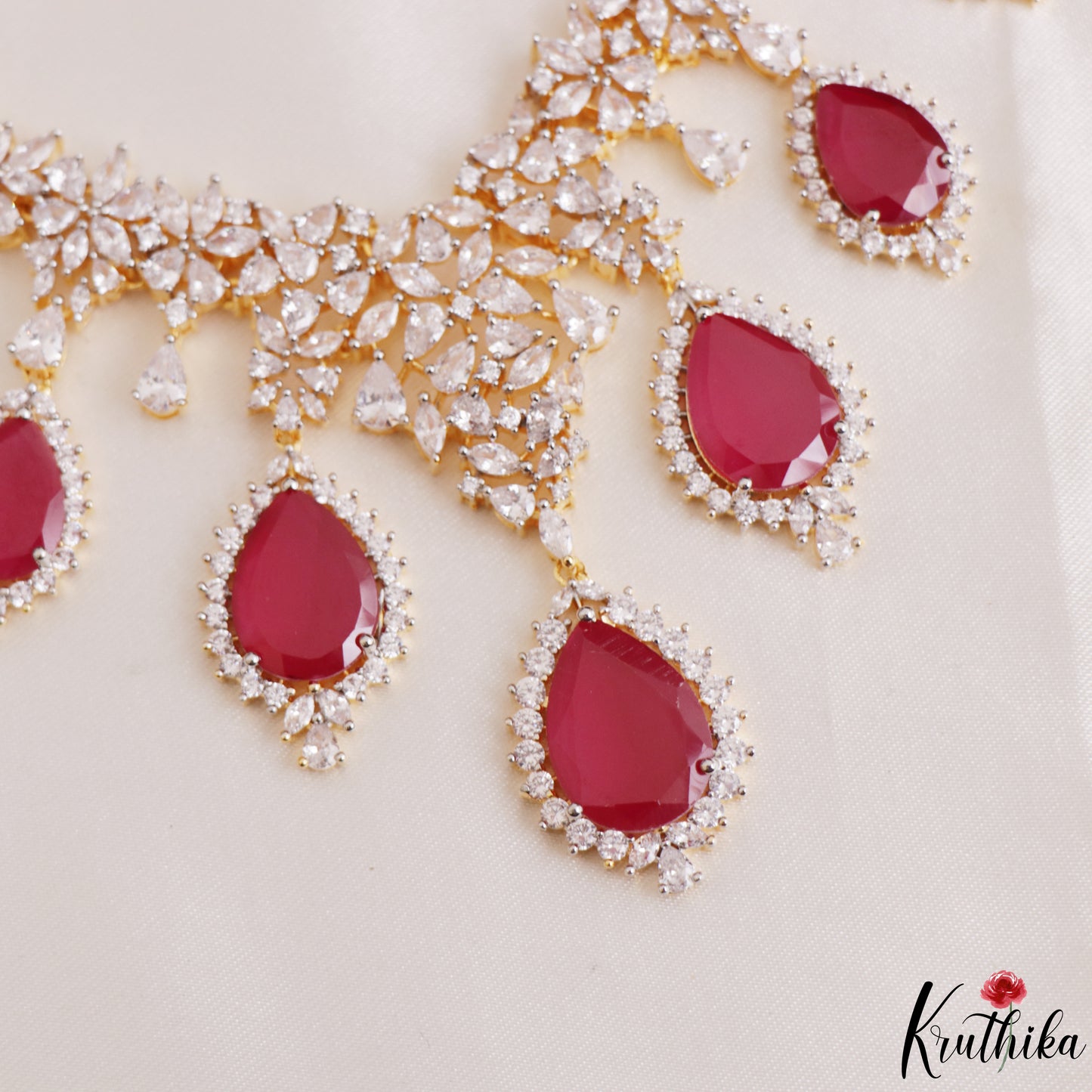 Sparkling Teardrop Motifs Diamond-Finish CZ Victorian Necklace NC3262 (Available In 2 Colors)