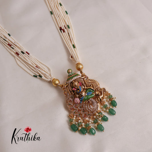 Traditional Multi Layered Perals Haaram With Beautiful Enamel Ganesha Pedant LH2006 (Available In 2 Colours)