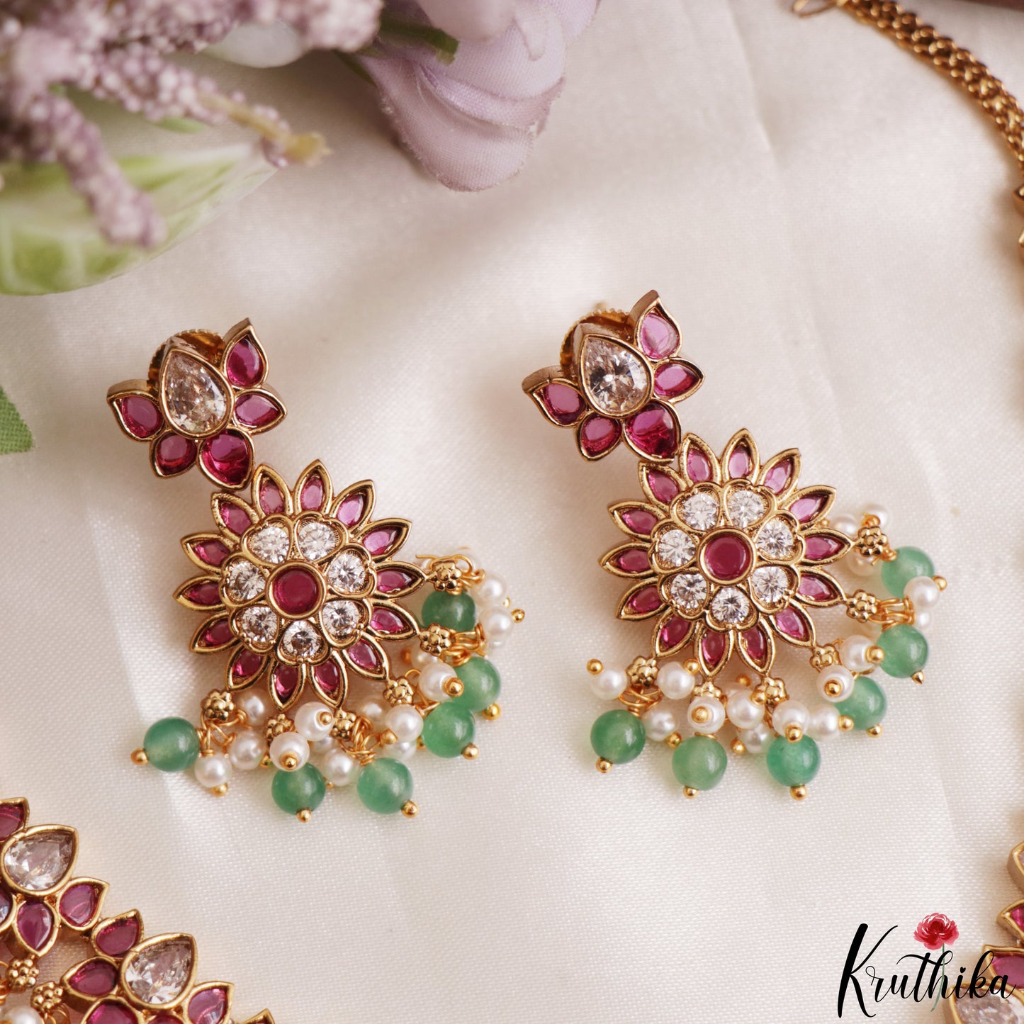 Gorgeous Floral Motifs Jadau Necklace With Green Bead Drops NC3218 (Available In 3 Colors)