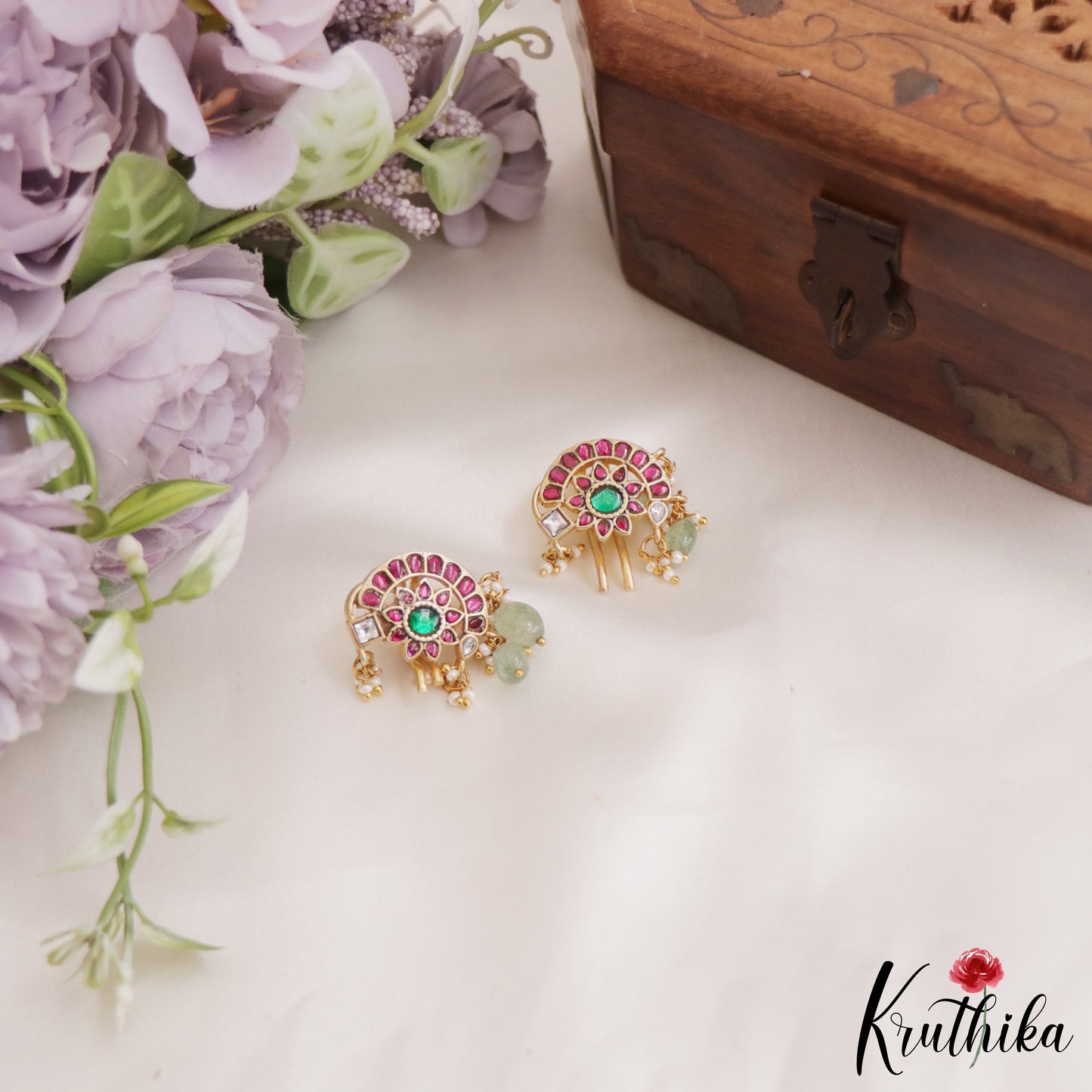 Beautiful Floral Jadau Jada Billa With Bead Drops J316 (Pair of 2)
