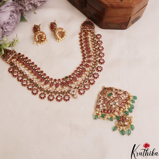 Premium Floral Peacock Motifs Jadau Necklace With Green Bead Drops NC2943 (Detachable Pendants)