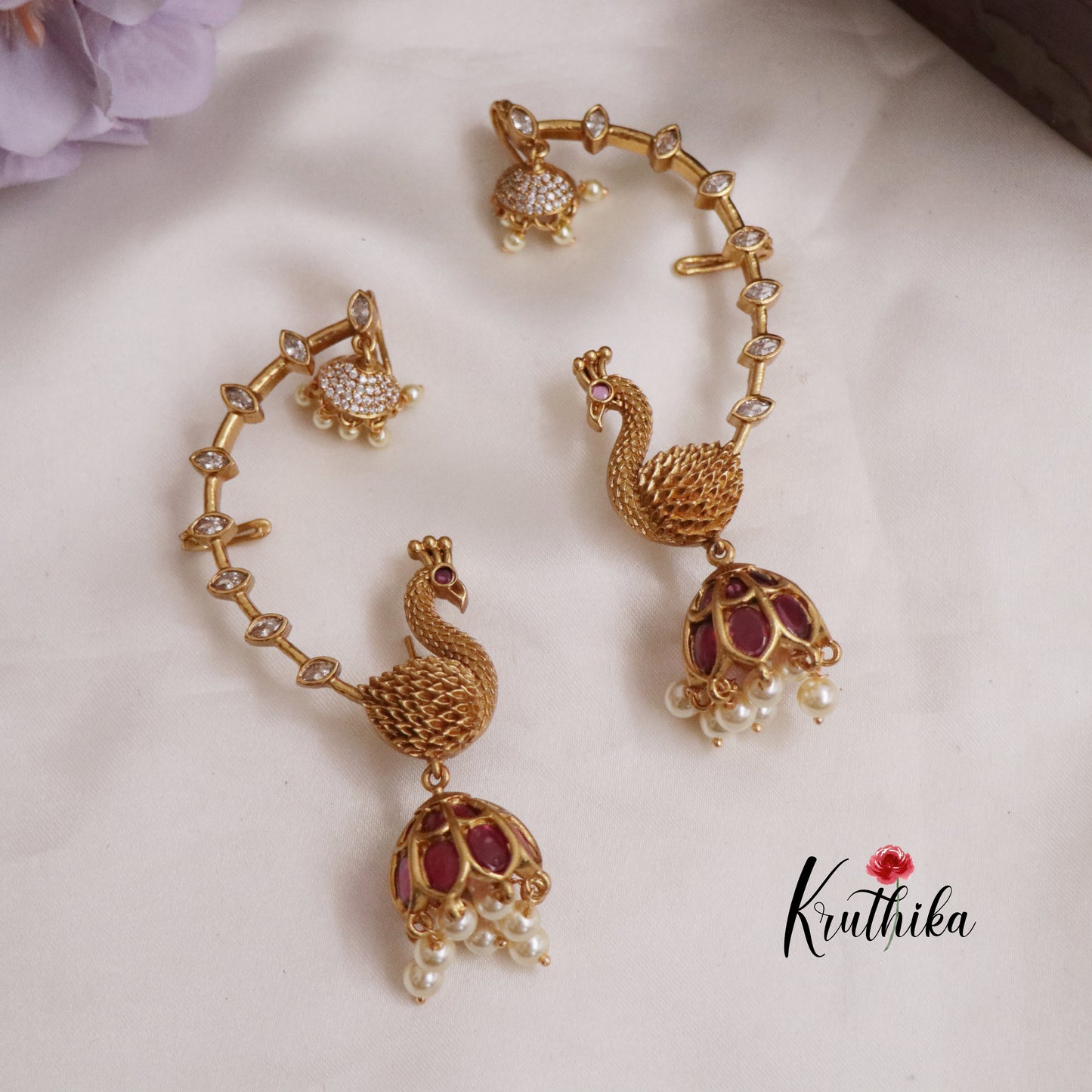 Trendy Peacock AD Earcuff with Jhumkas Beads Drops E658 (Available in 4 Colors)
