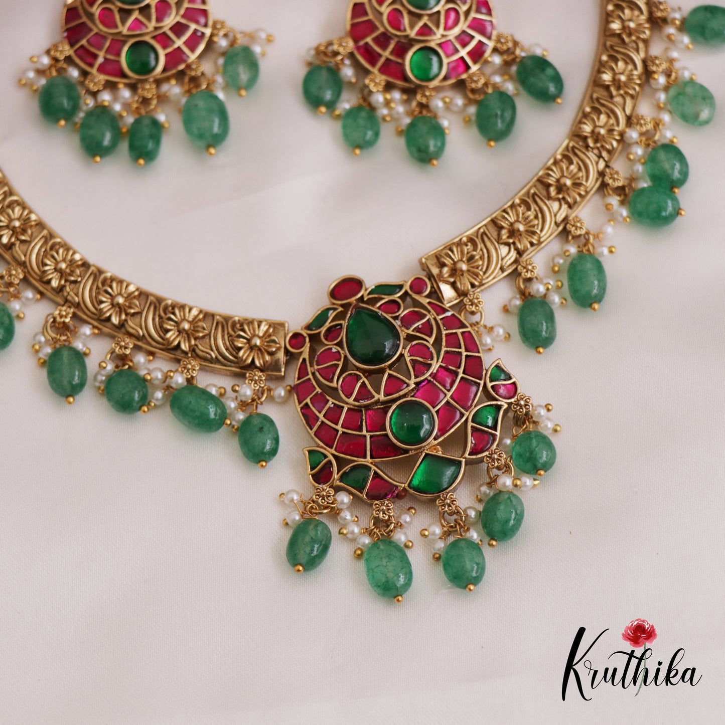 Elegant Antique Floral Motifs Jadau Necklace With Bead Drops NC2695 (Available In 2 Colors)