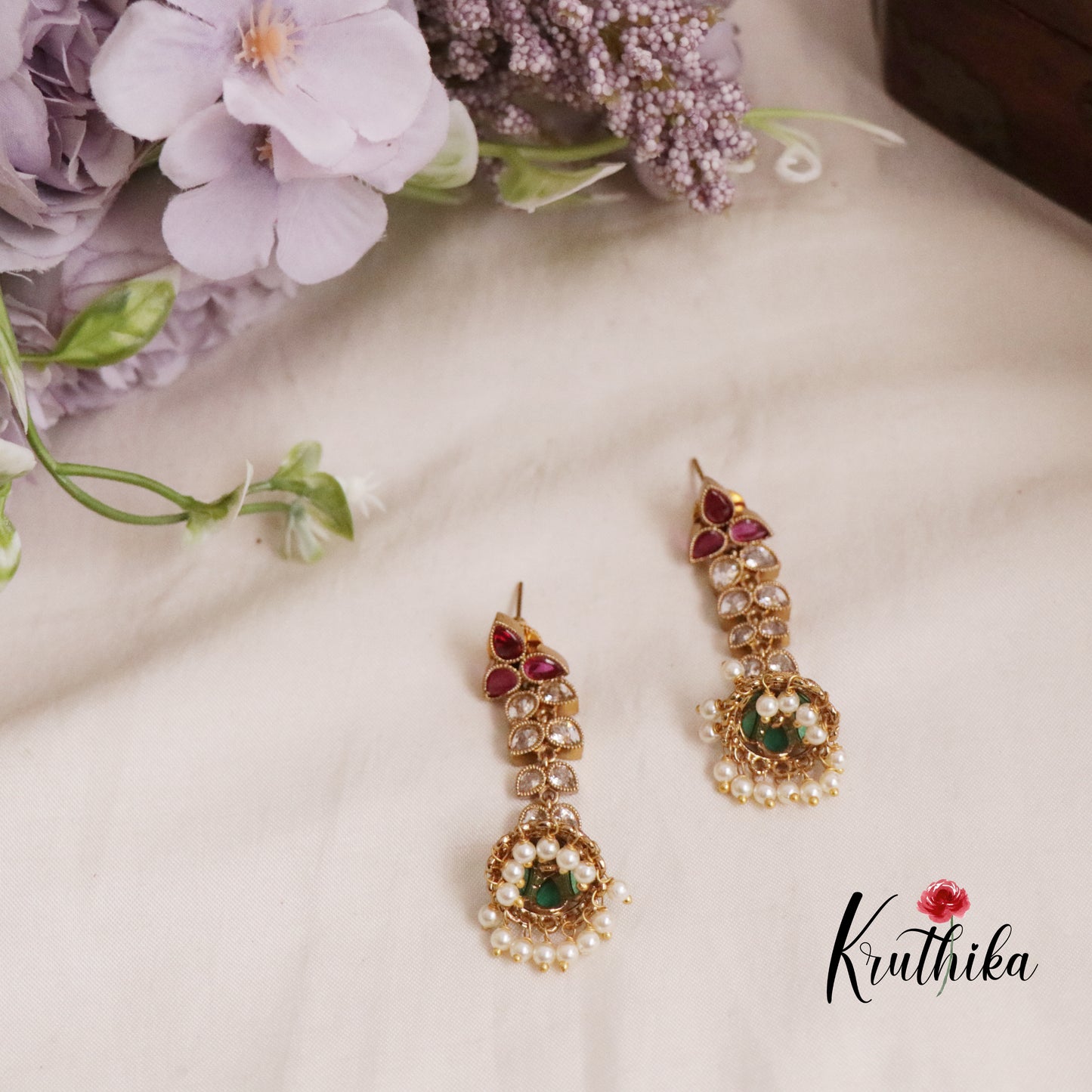 Beautiful Kemp Leaf Chain Jhumka with Pearl Drop E629 (Available in 2 Colours)