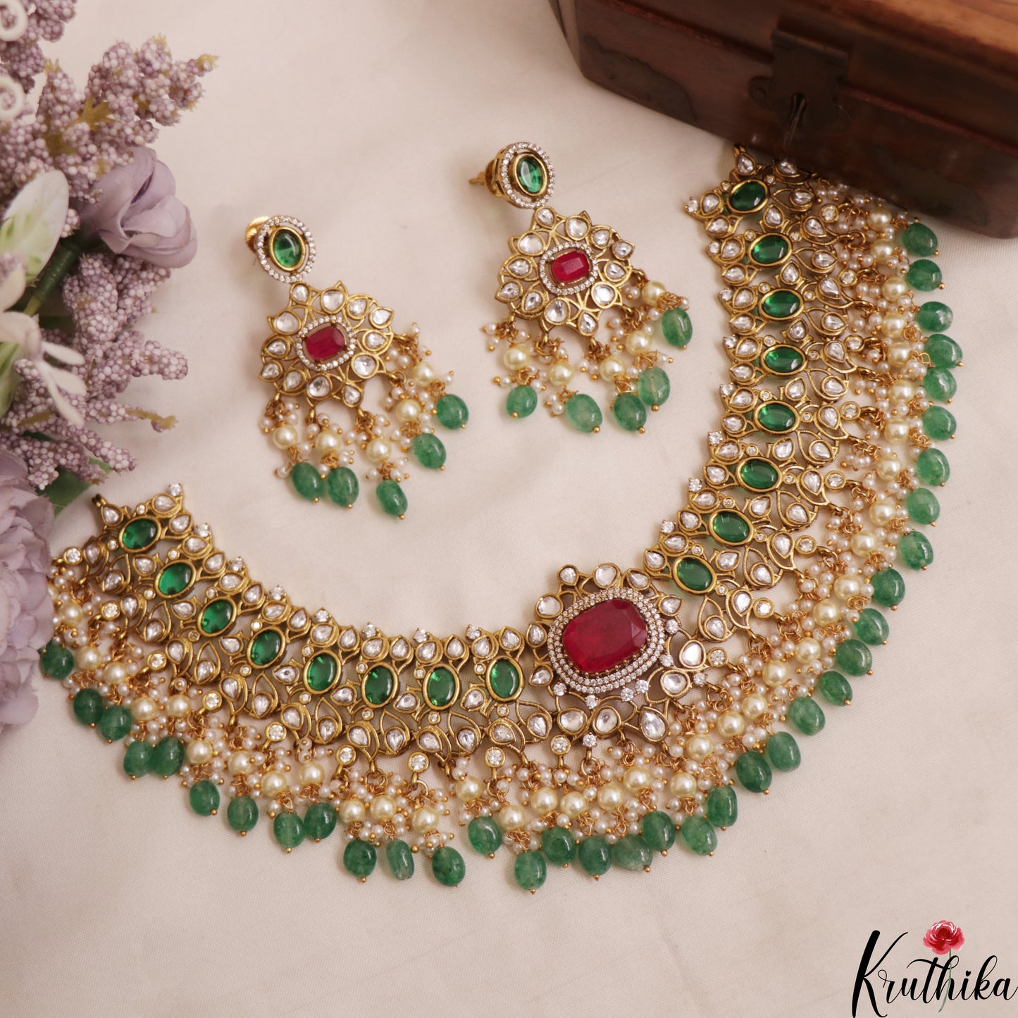 Premium Geometric Teardrop Motifs Jadau Choker With Green Bead Drops NC3011 (Available In 3 Colors)