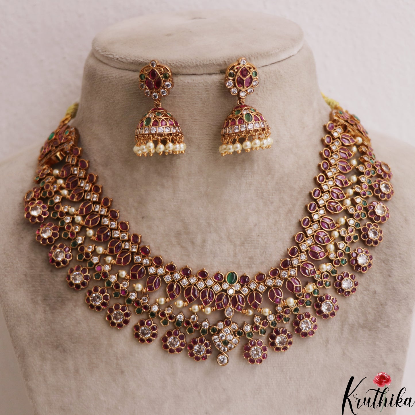 Premium Floral Peacock Motifs Jadau Necklace With Green Bead Drops NC2943 (Detachable Pendants)