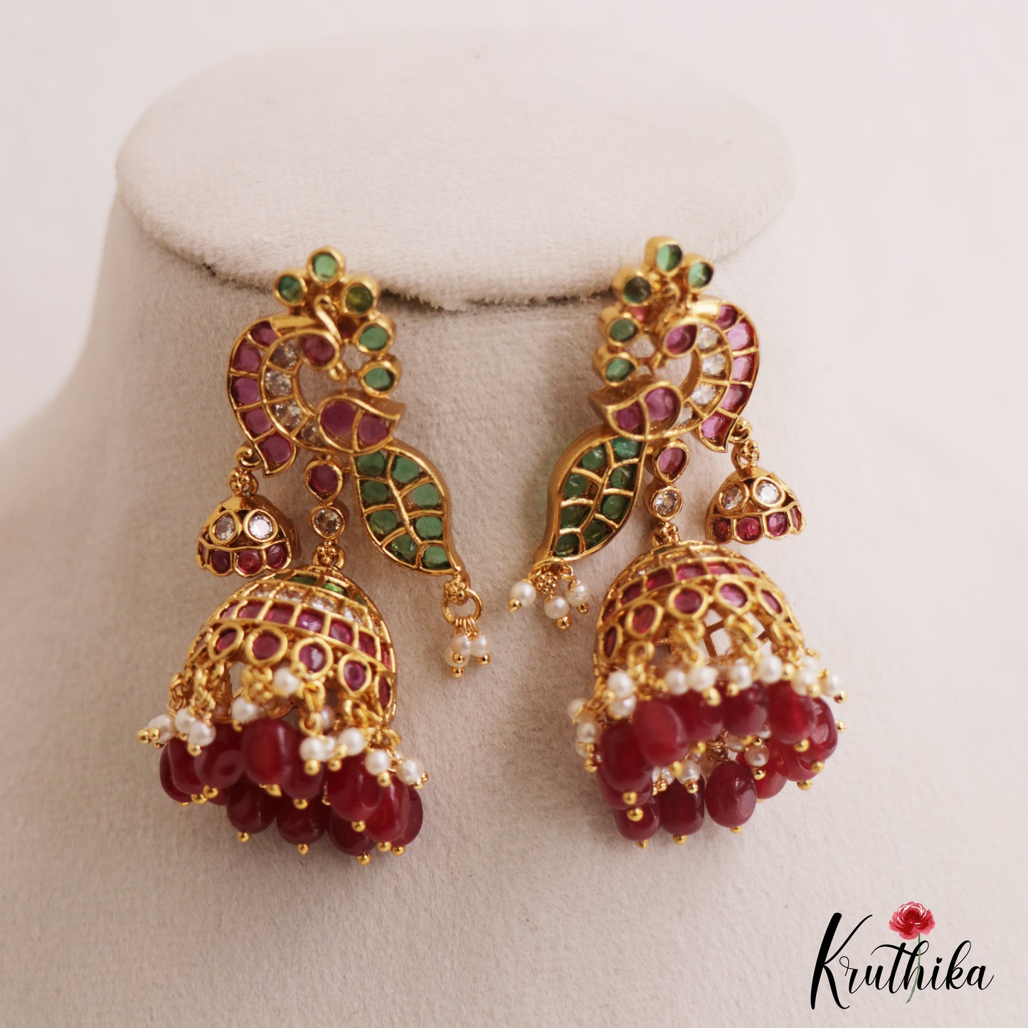 Beautiful Peacock Motifs Kemp Jhumkas With Pearl and Bead Drops E1090 (Available In 2 Colors)