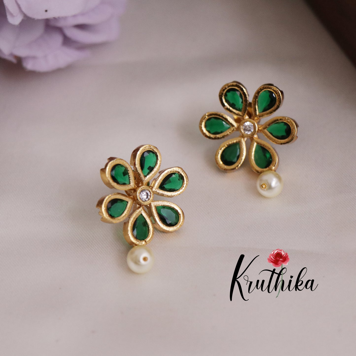 Beautiful Floral Ear Studs Pearl Drop E705 (Available in 5 Colours)