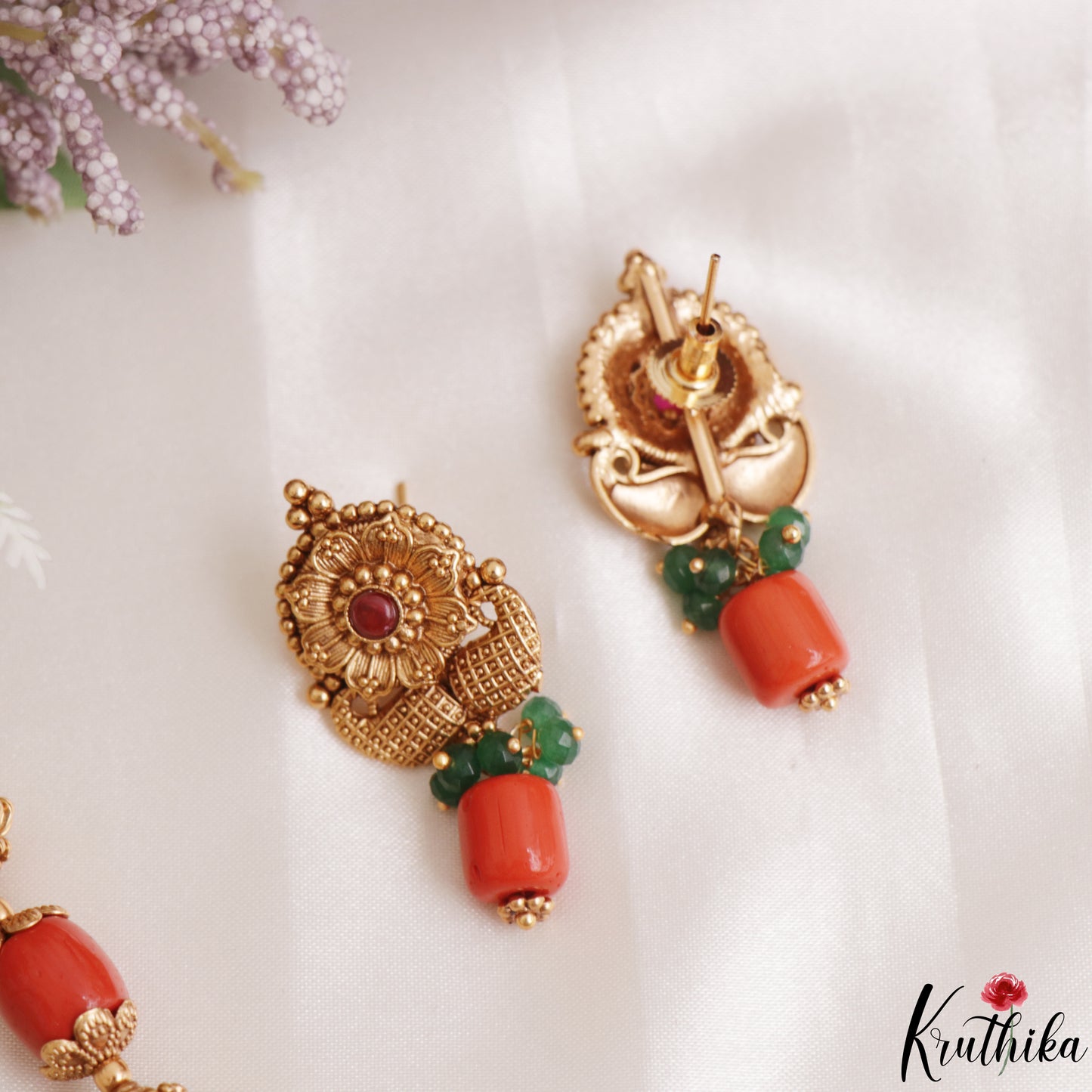 Classic Antique Peacock Motifs Coral Pearl Mala NC3121