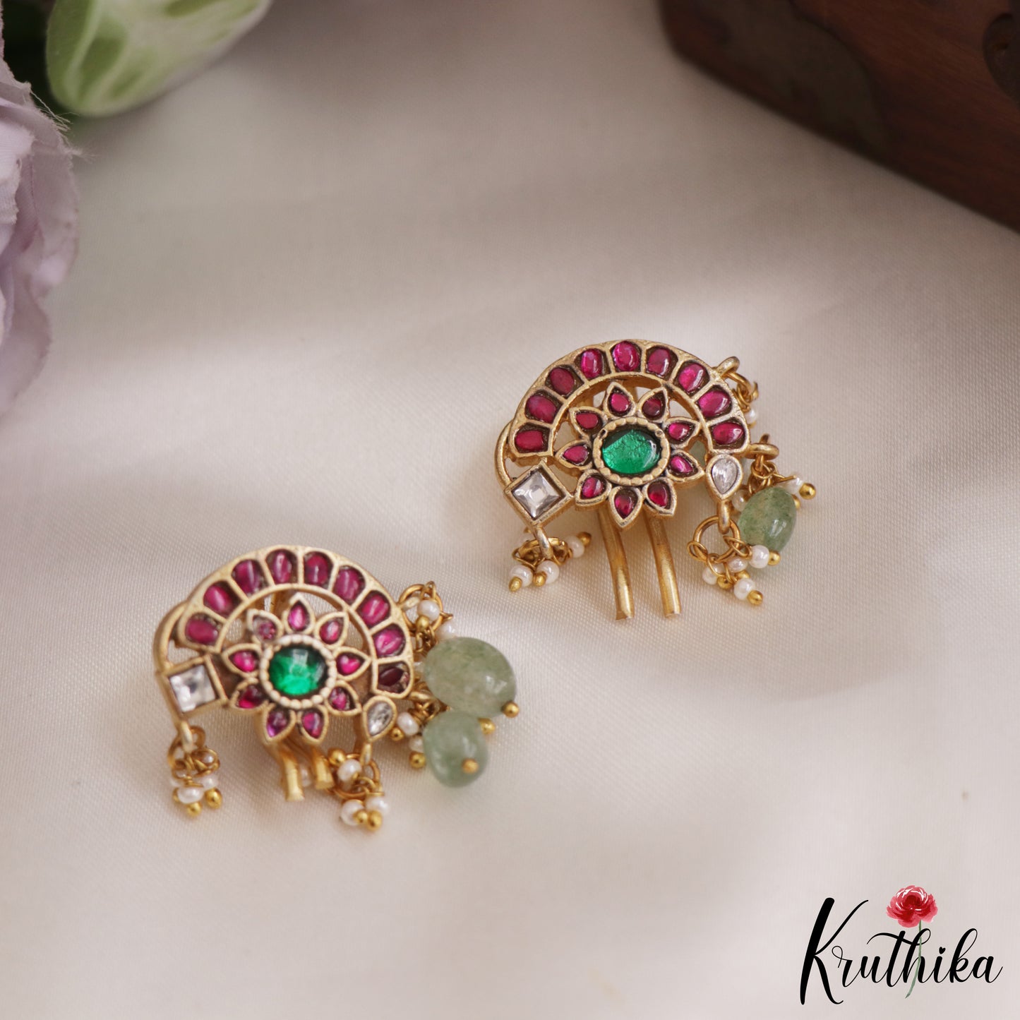 Beautiful Jadau Floral Earcuffs | Upper Earrings | Bugadi Earrings With Pearl And Bead Drops E863