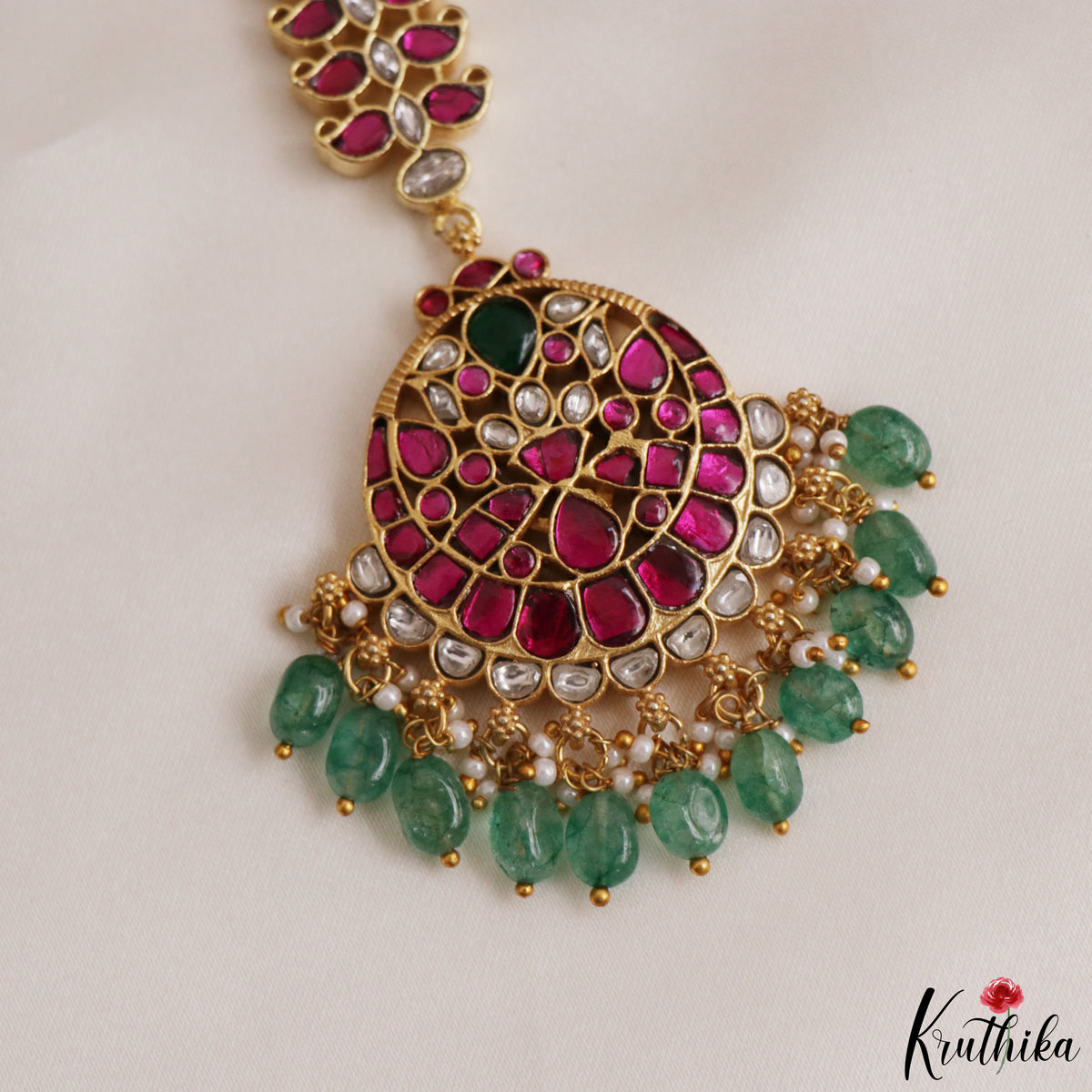 Gorgeous Jadau Maang Tika With Green Bead Drops MT417