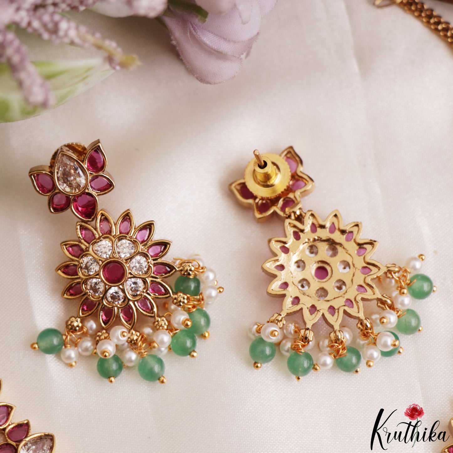 Gorgeous Floral Motifs Jadau Necklace With Green Bead Drops NC3218 (Available In 3 Colors)