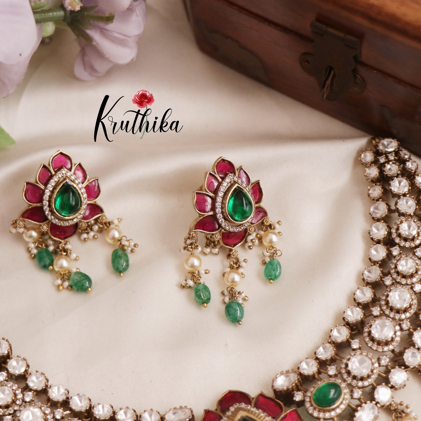 Stunning Jadau Lotus Motifs With Bead And Pearl Drops Necklace NC2557