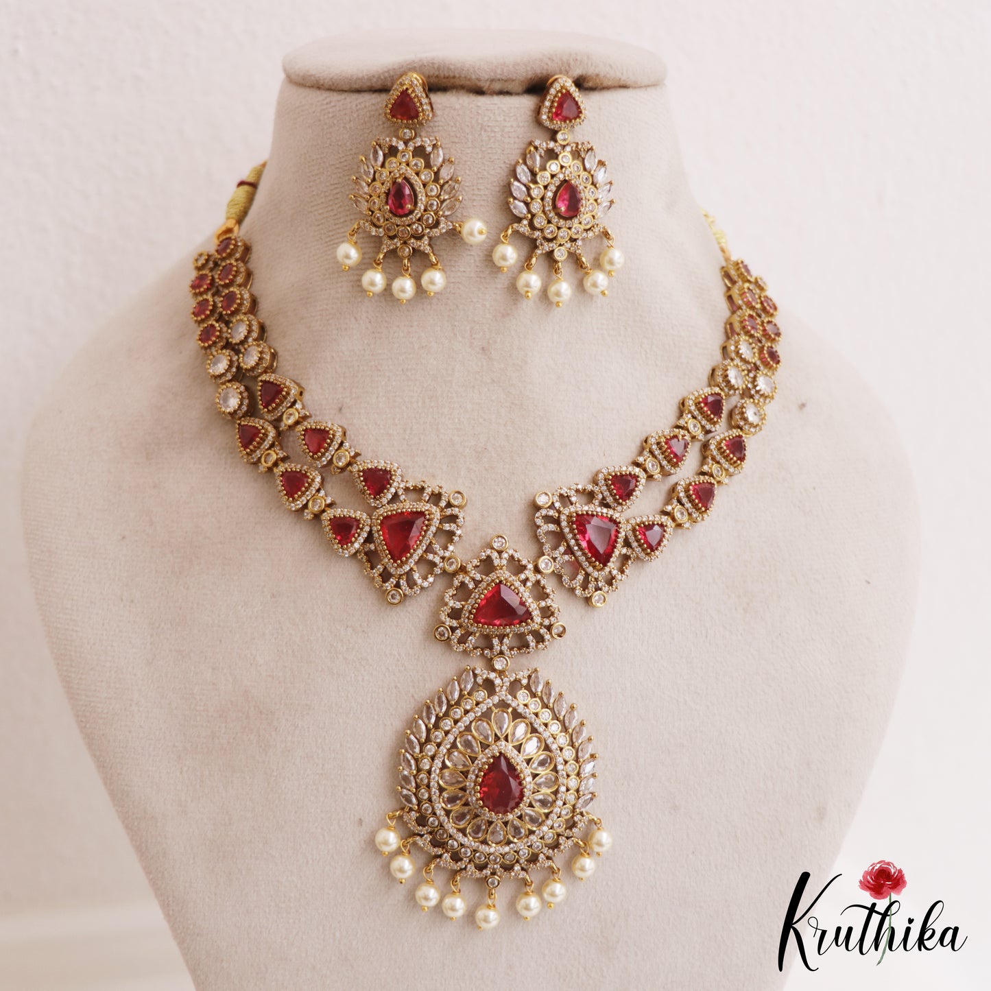 Stunning Geometric Motifs AD Victorian Necklace With Pearl Drops NC2772 (Available In 2 Colors)