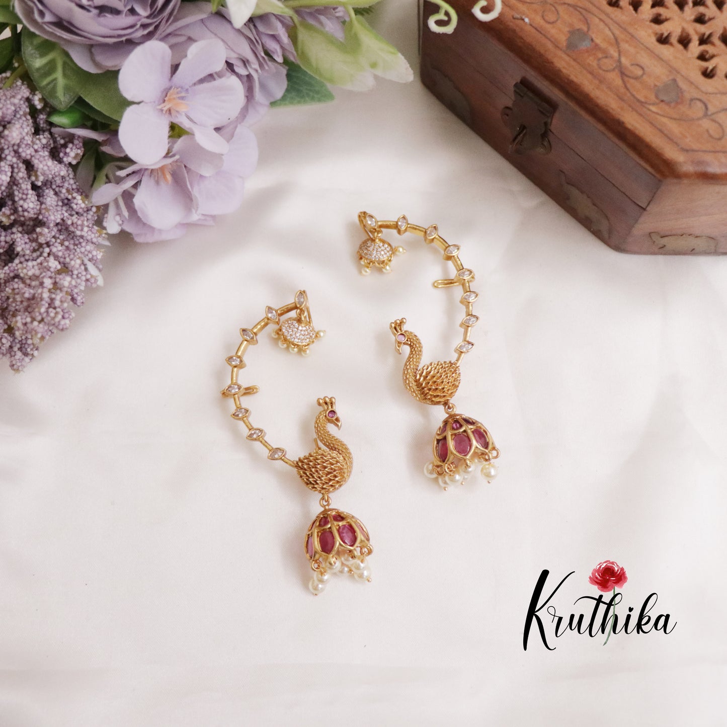 Trendy Peacock AD Earcuff with Jhumkas Beads Drops E658 (Available in 4 Colors)