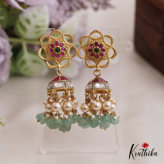 Beautiful Floral Jhumka Jadau Earrings With Pearl And Bead Drops E841