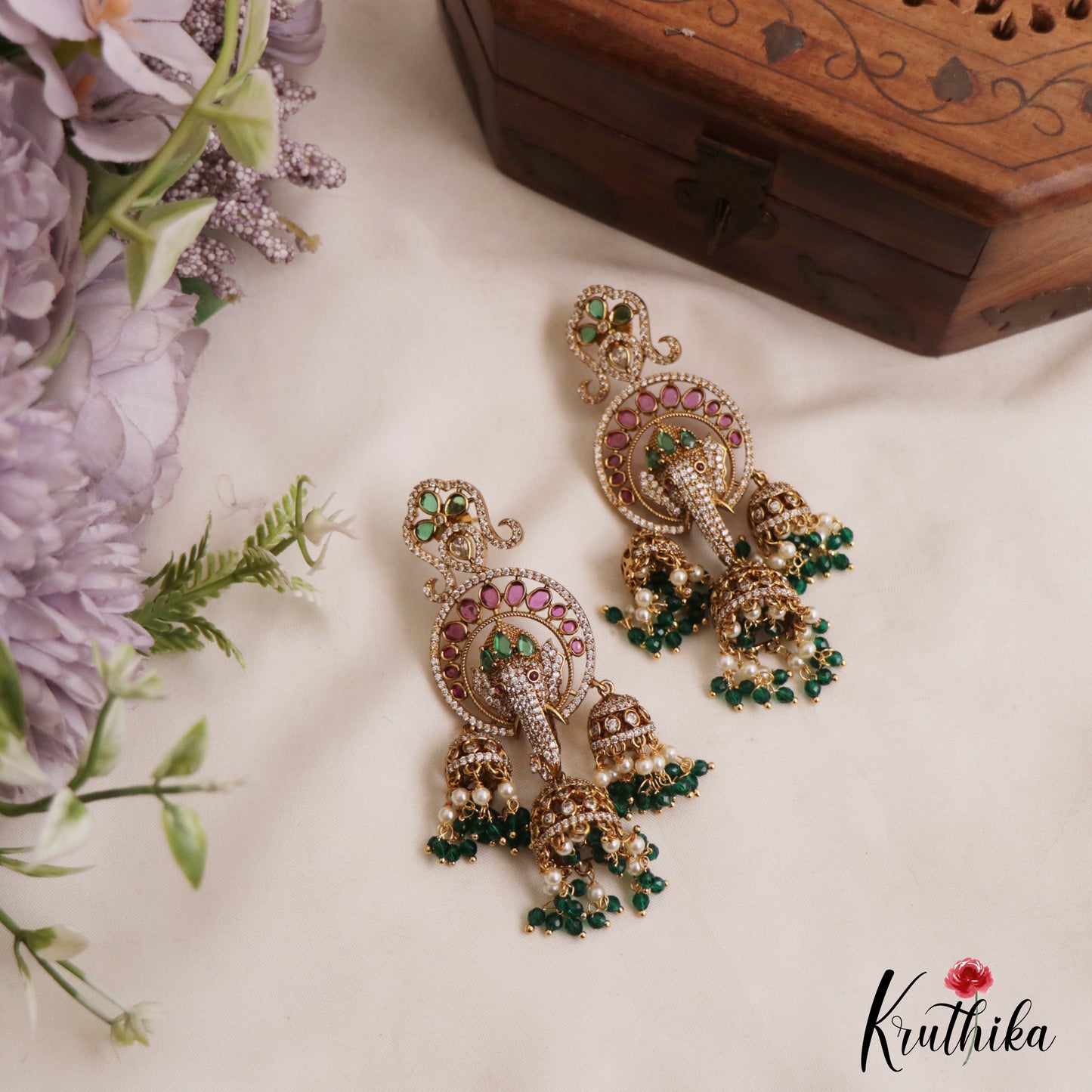 Stunning Lord Ganesha Motifs Chandelier Earrings With Pearl Bead Drops E1091 (Available In 2 Colors)
