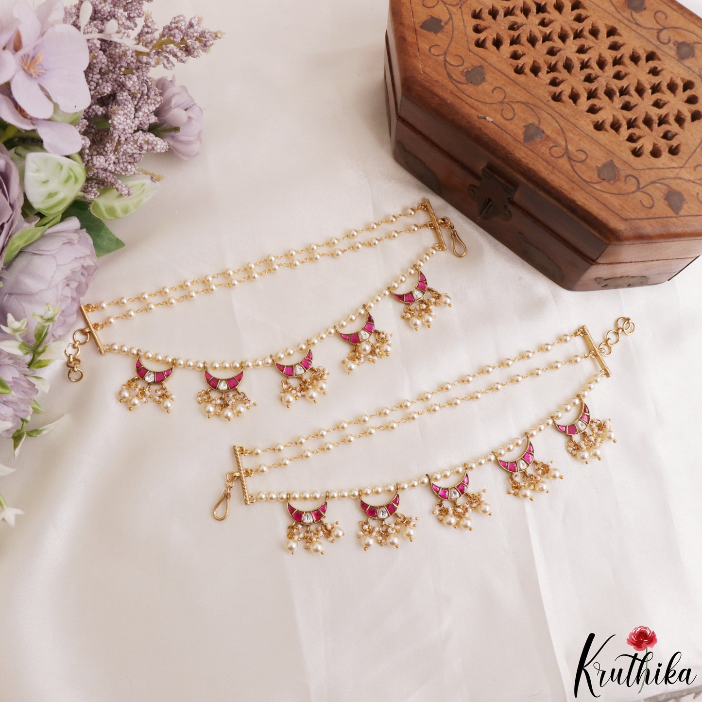 Classic Half Moon Motifs Multi Pearl Strand Jadau Earchains With Pearl Drops EC229 (Available In 2 Colors)