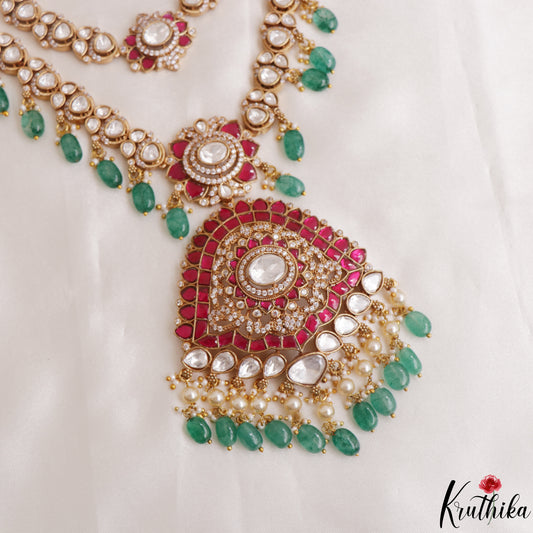 Gorgeous Floral Motifs Double Layered Moissanite Jadau Haaram With Green Bead Drops LH2149