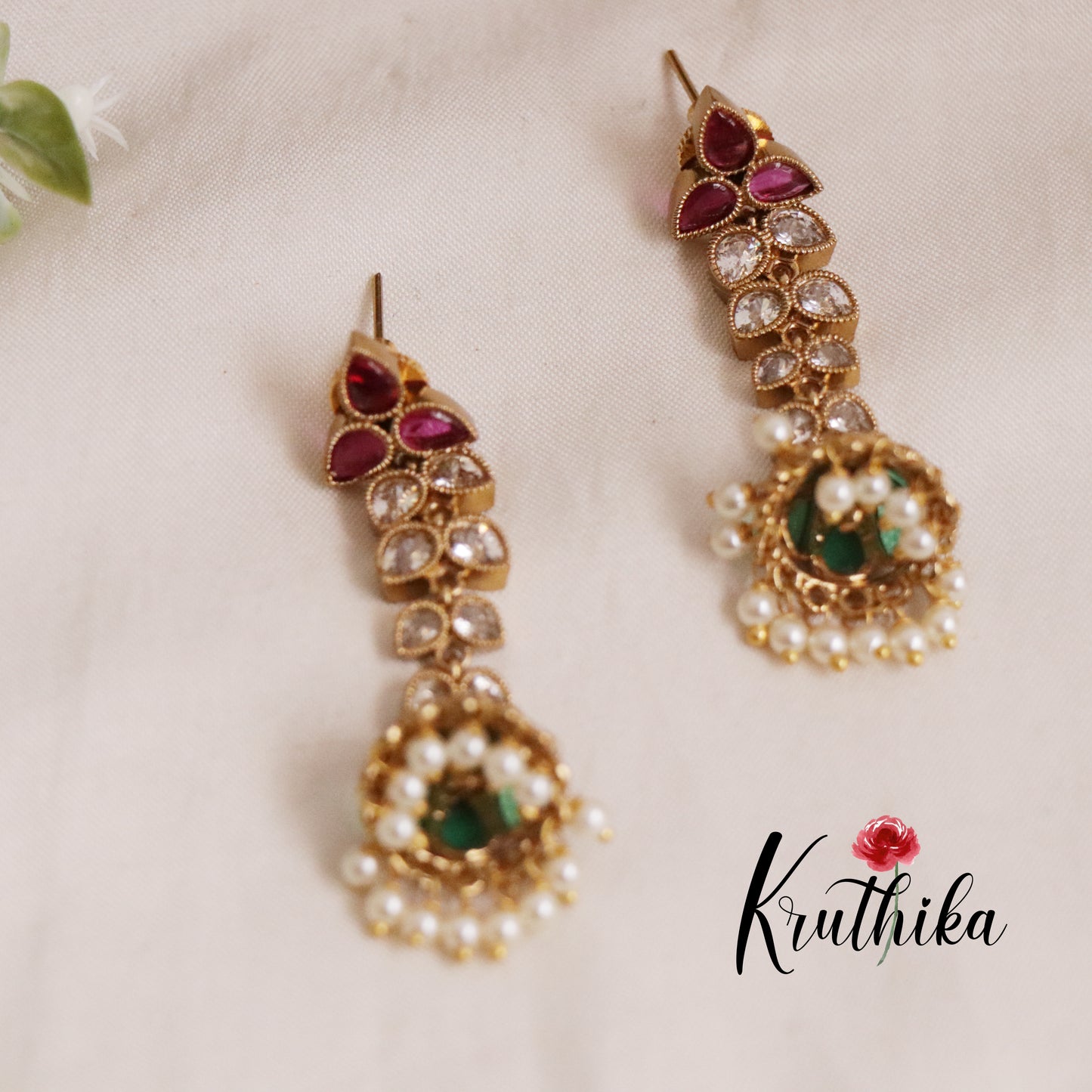 Beautiful Kemp Leaf Chain Jhumka with Pearl Drop E629 (Available in 2 Colours)