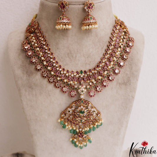 Premium Floral Peacock Motifs Jadau Necklace With Green Bead Drops NC2943 (Detachable Pendants)