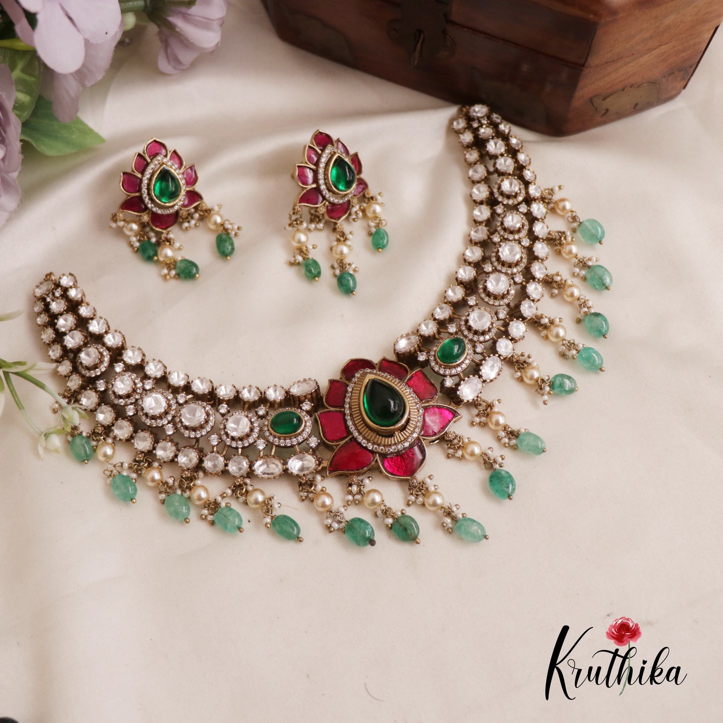 Stunning Jadau Lotus Motifs With Bead And Pearl Drops Necklace NC2557