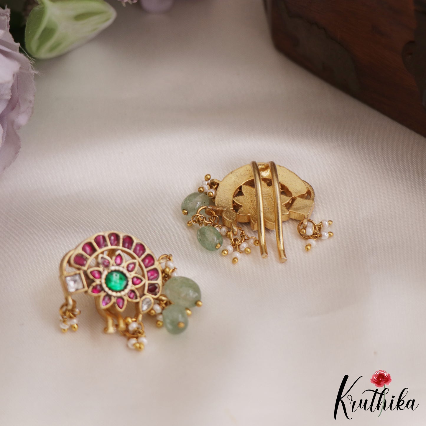Beautiful Jadau Floral Earcuffs | Upper Earrings | Bugadi Earrings With Pearl And Bead Drops E863