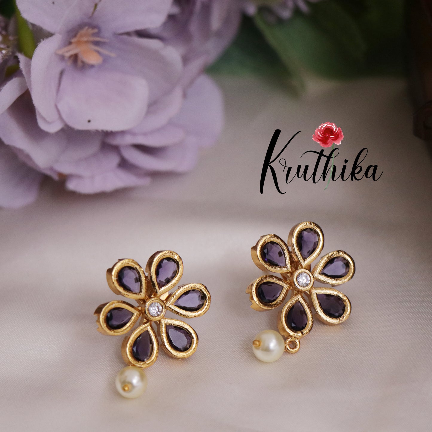 Beautiful Floral Ear Studs Pearl Drop E705 (Available in 5 Colours)