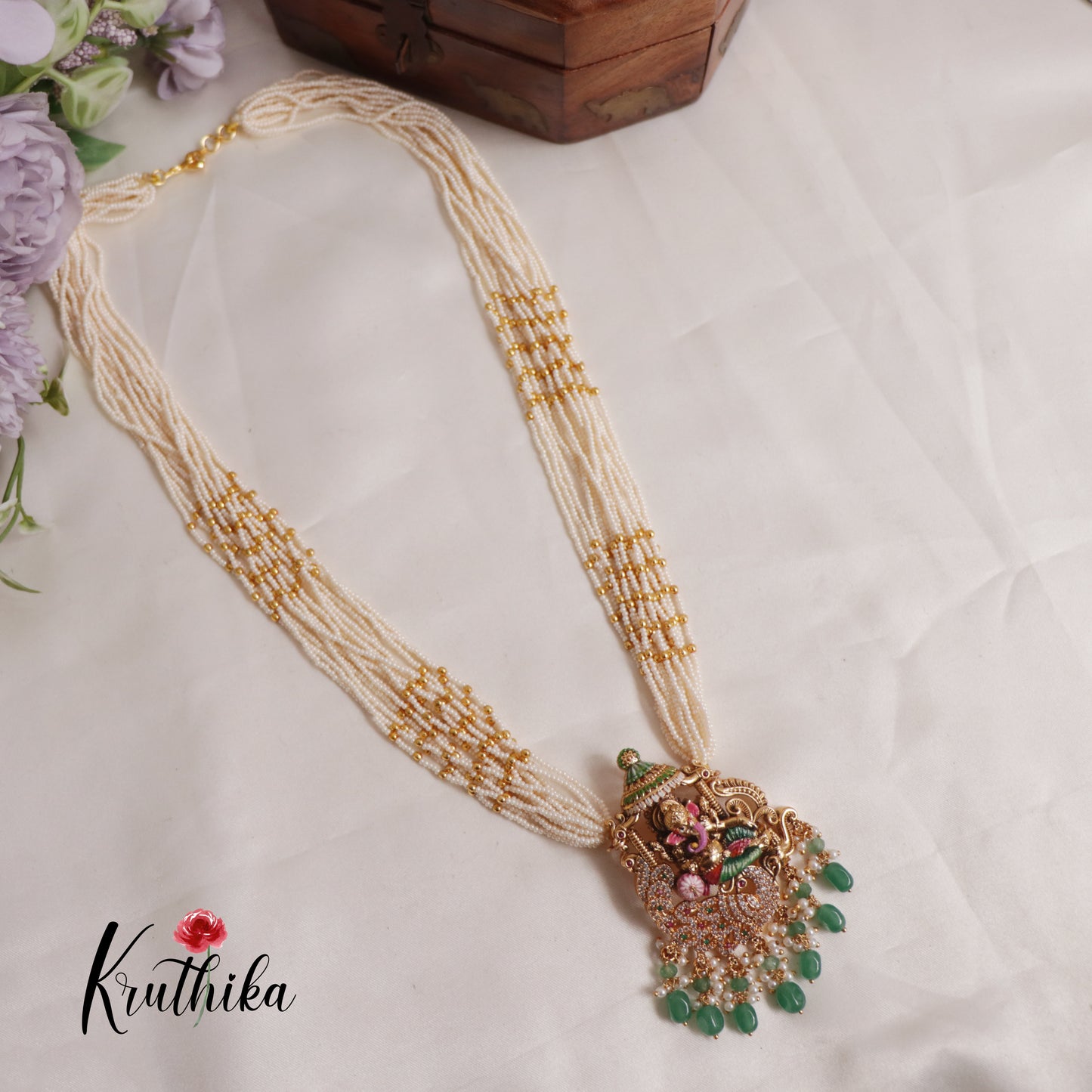 Traditional Multi Layered Perals Haaram With Beautiful Enamel Ganesha Pedant LH2007 (Available In 2 Colours)