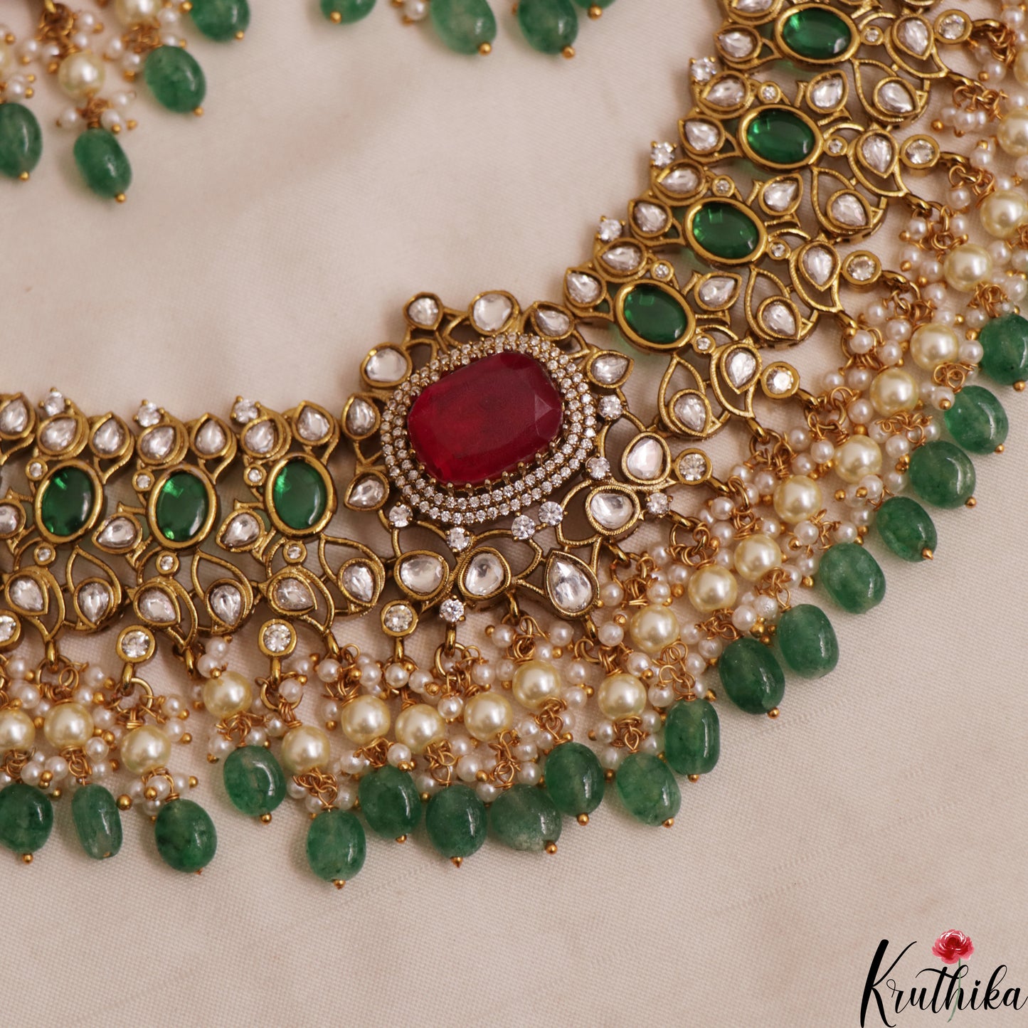 Premium Geometric Teardrop Motifs Jadau Choker With Green Bead Drops NC3011 (Available In 3 Colors)