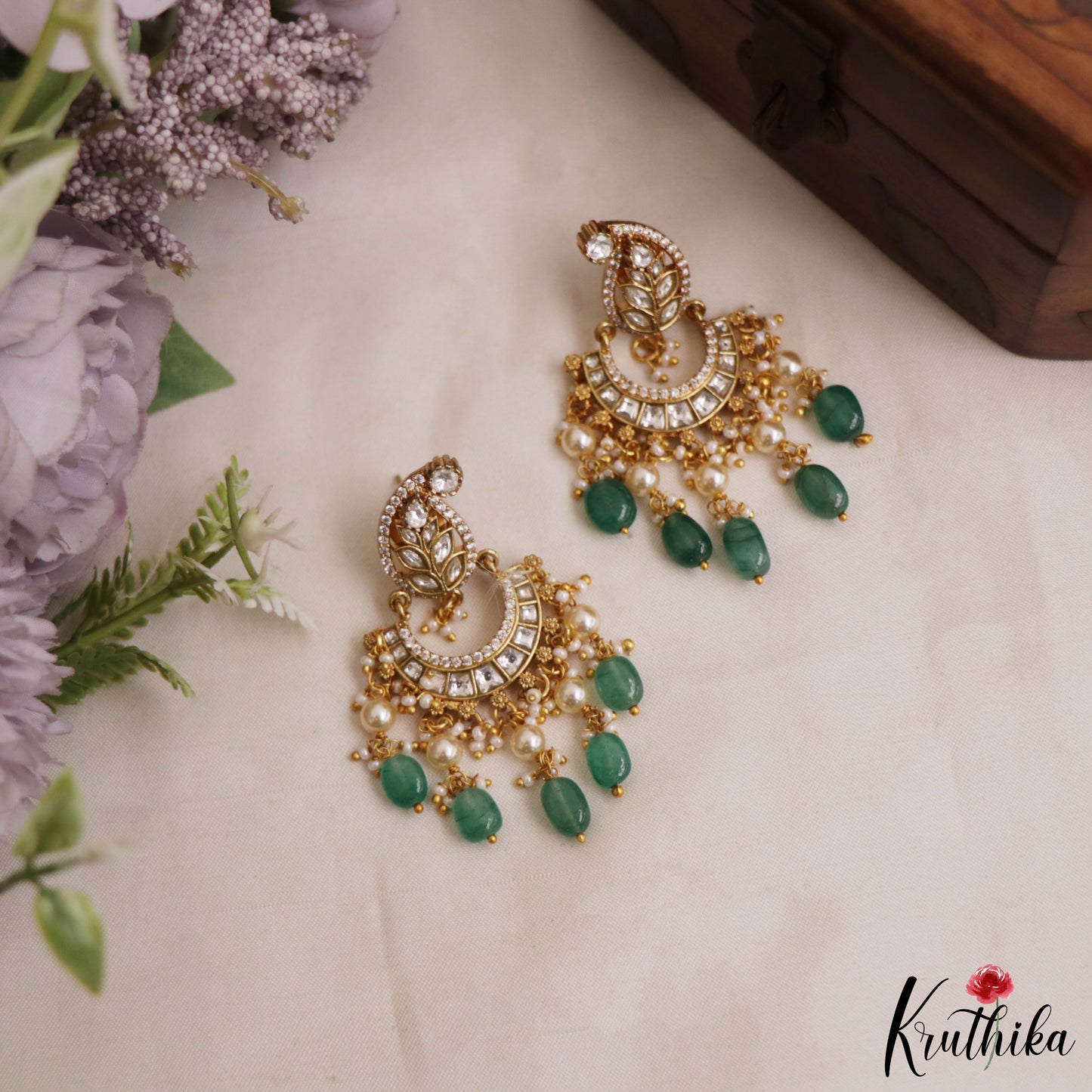 Gorgeous Leaf Motifs Chandbali Jadau Earrings With Green Bead Drops E1079 (Available In 2 Colors)