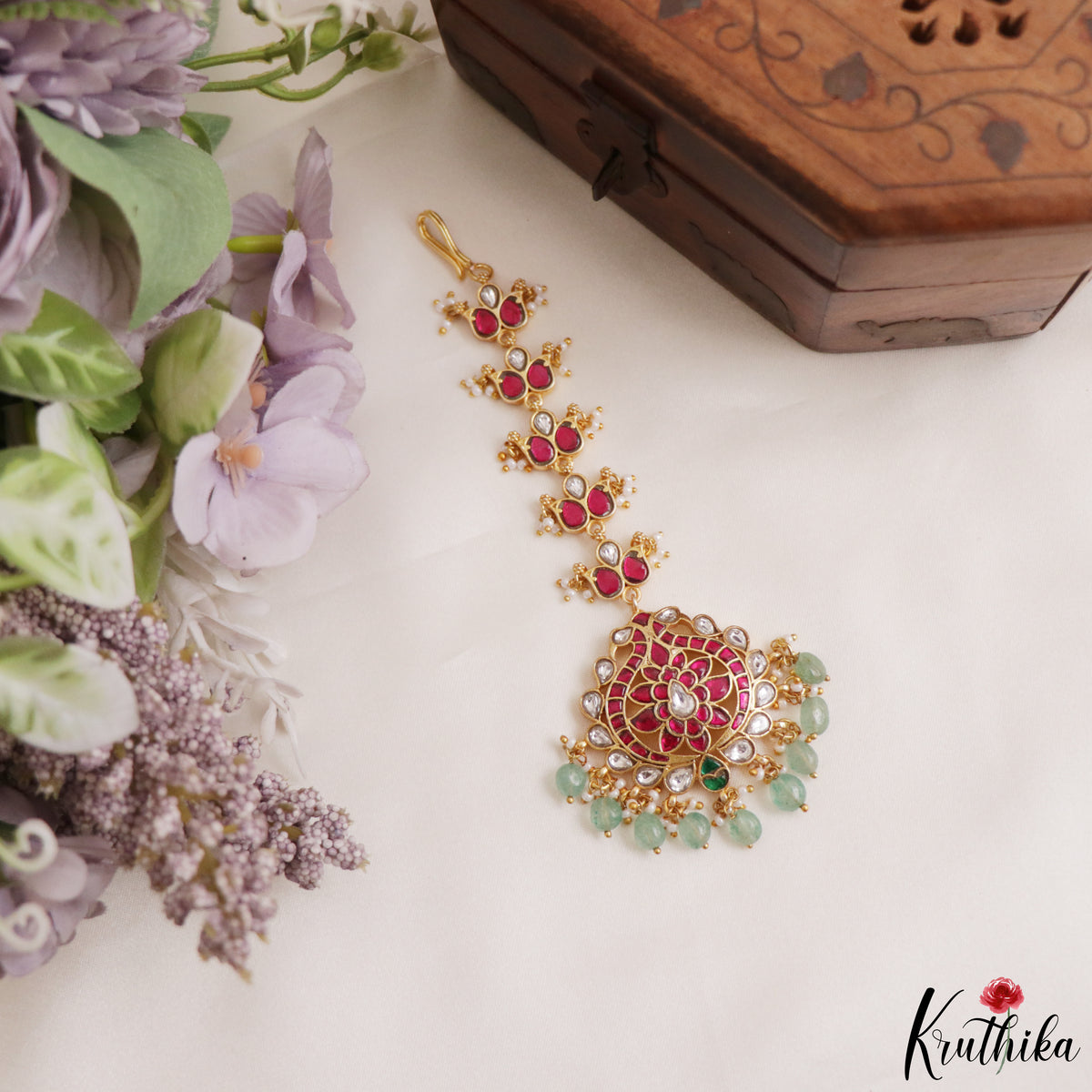 Gorgeous Jadau Maang Tika With Pastel Bead Drops MT418