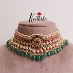 Pretty Jadau Choker with Green Beads Drops NC1984 (Available in 2 Colours)