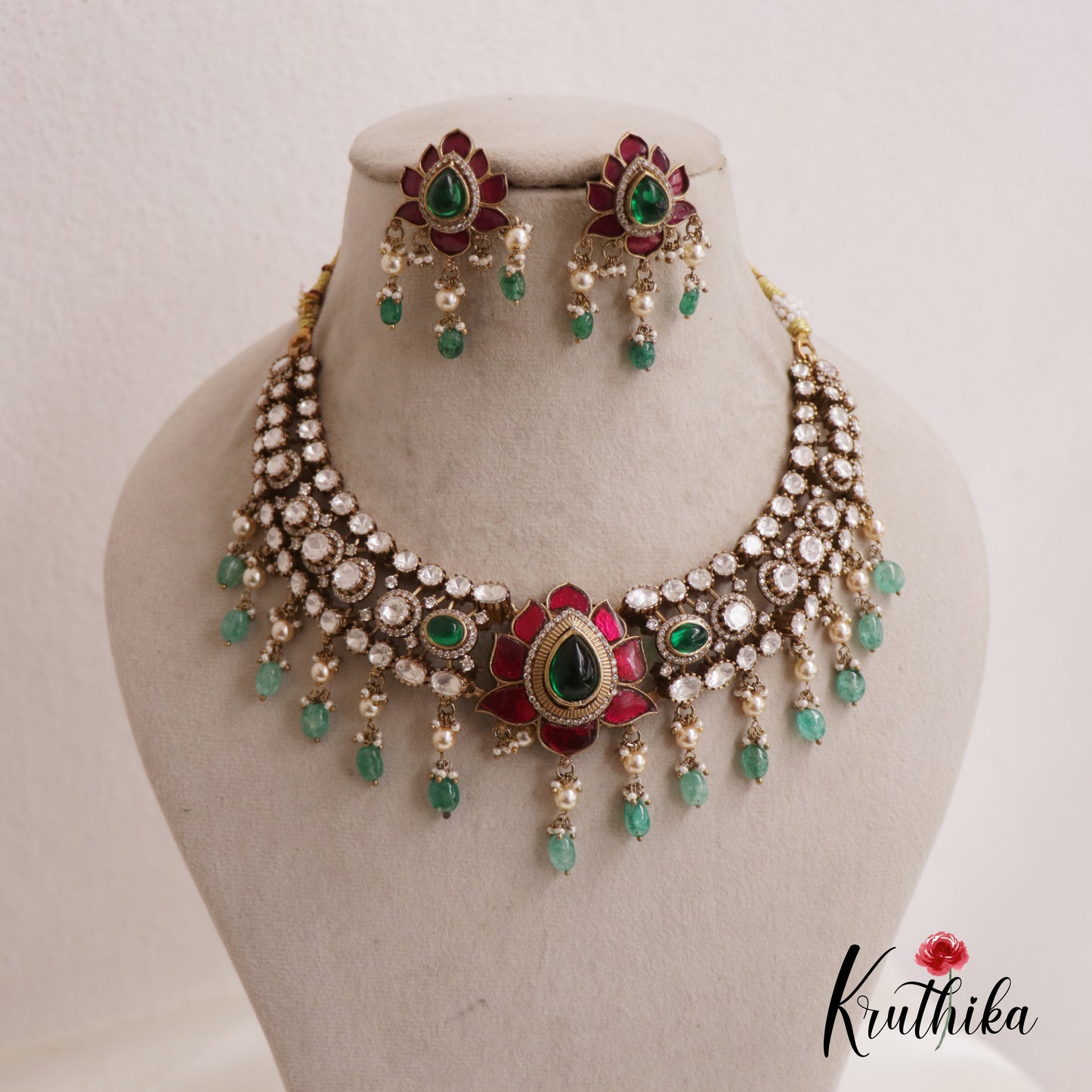 Stunning Jadau Lotus Motifs With Bead And Pearl Drops Necklace NC2557
