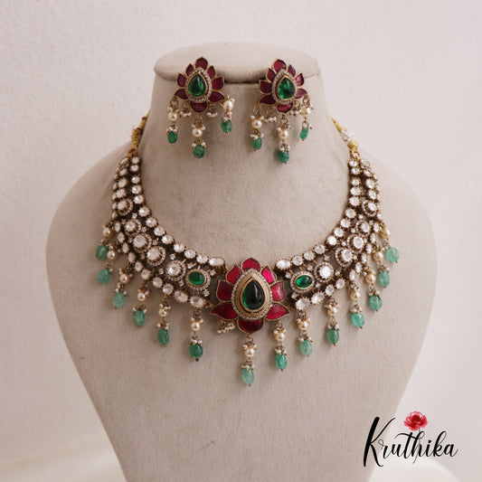 Stunning Jadau Lotus Motifs With Bead And Pearl Drops Necklace NC2557