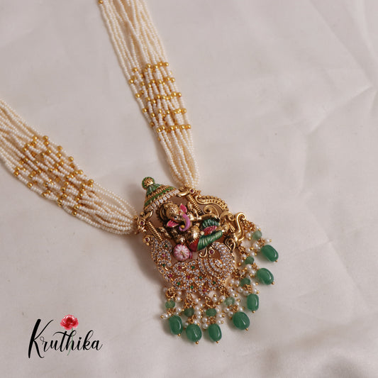 Traditional Multi Layered Perals Haaram With Beautiful Enamel Ganesha Pedant LH2007 (Available In 2 Colours)