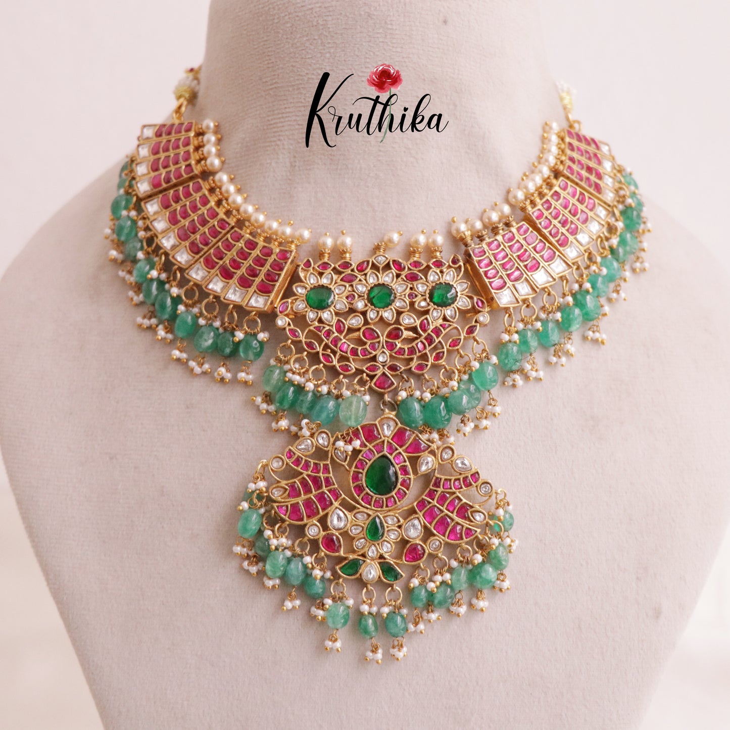 Gold replica Grand Jadau bridal Necklace with pastel green beads NC1892