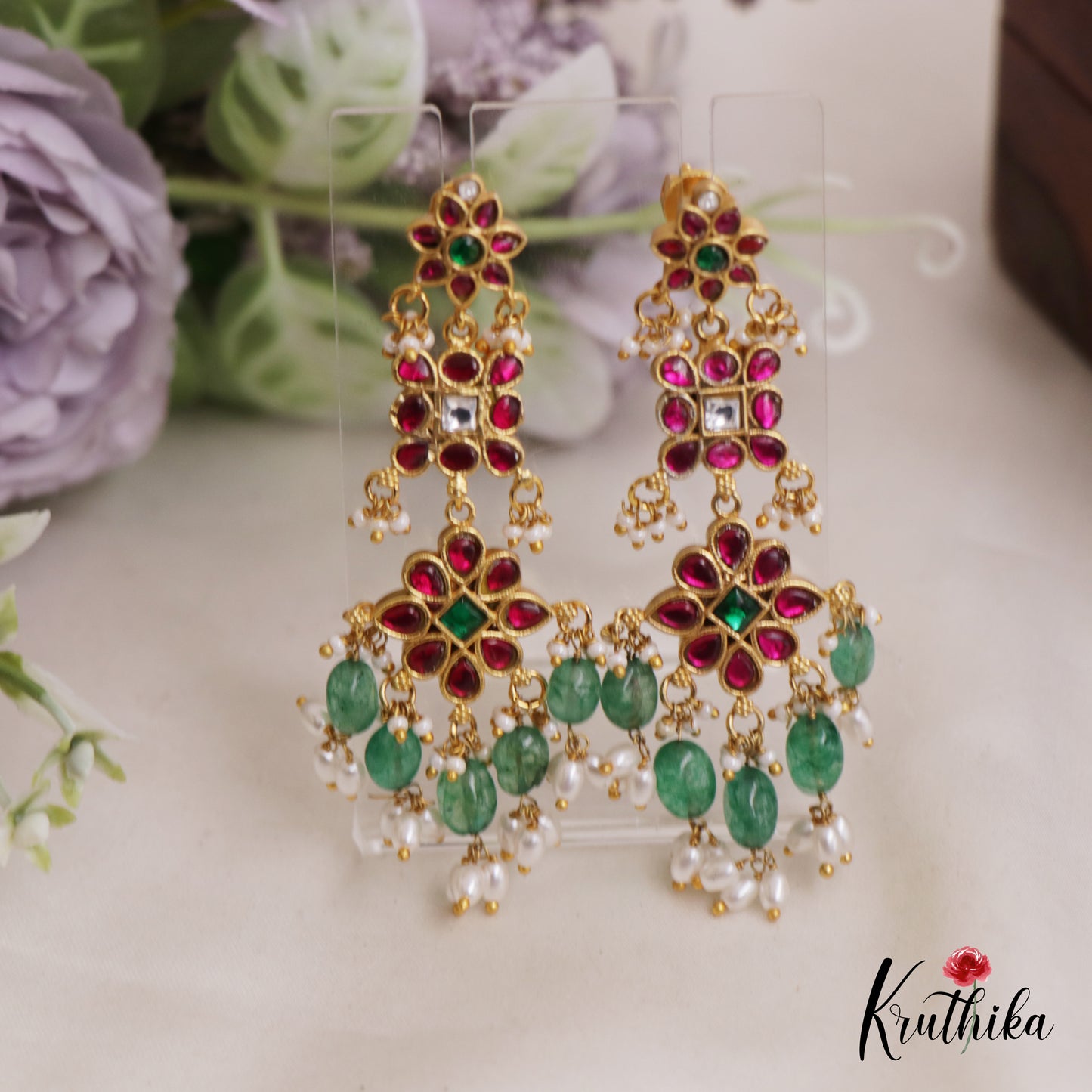 Sparkling Floral Jadau Earrings With Pearl And Bead Drops E846