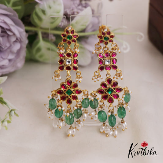 Sparkling Floral Jadau Earrings With Pearl And Bead Drops E846