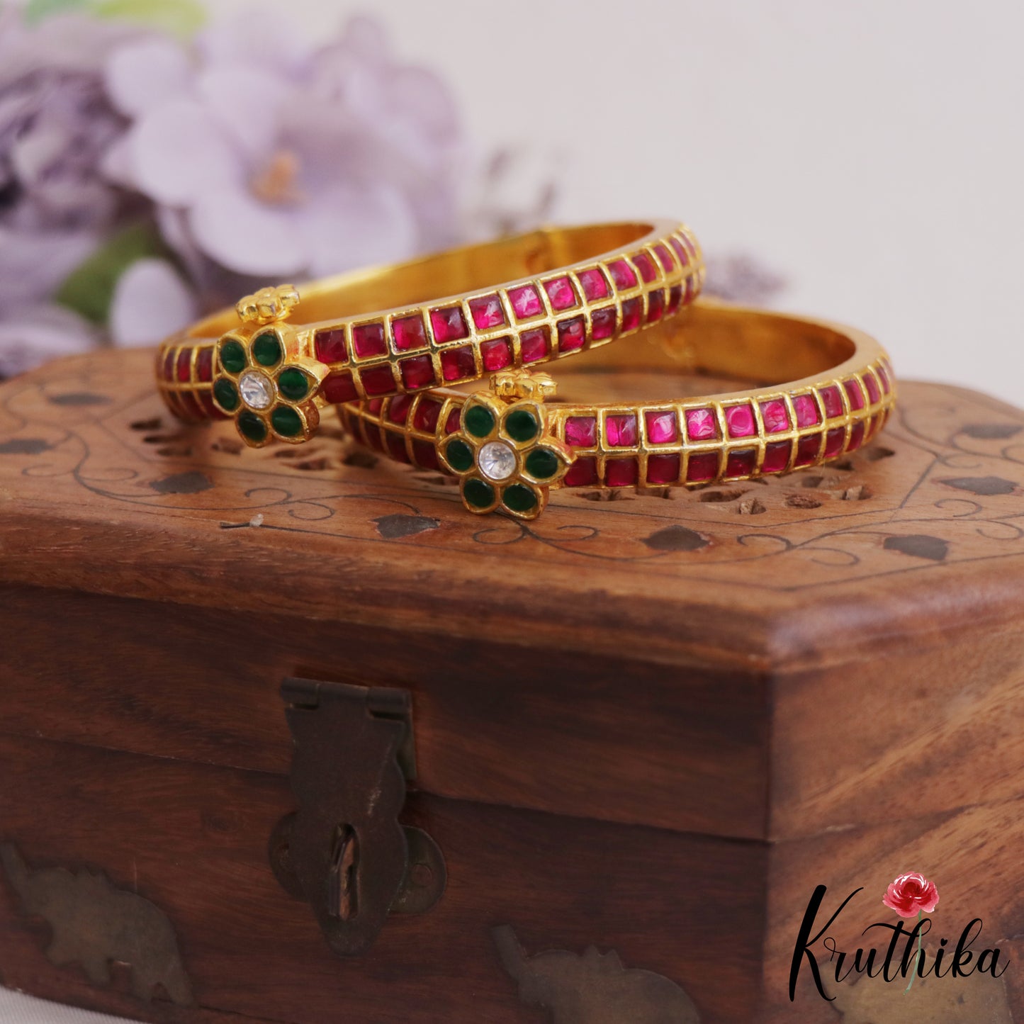 Premium Floral Motifs Openable Jadau Kada B455  (Set of 2)|(Available In 3 Colors)