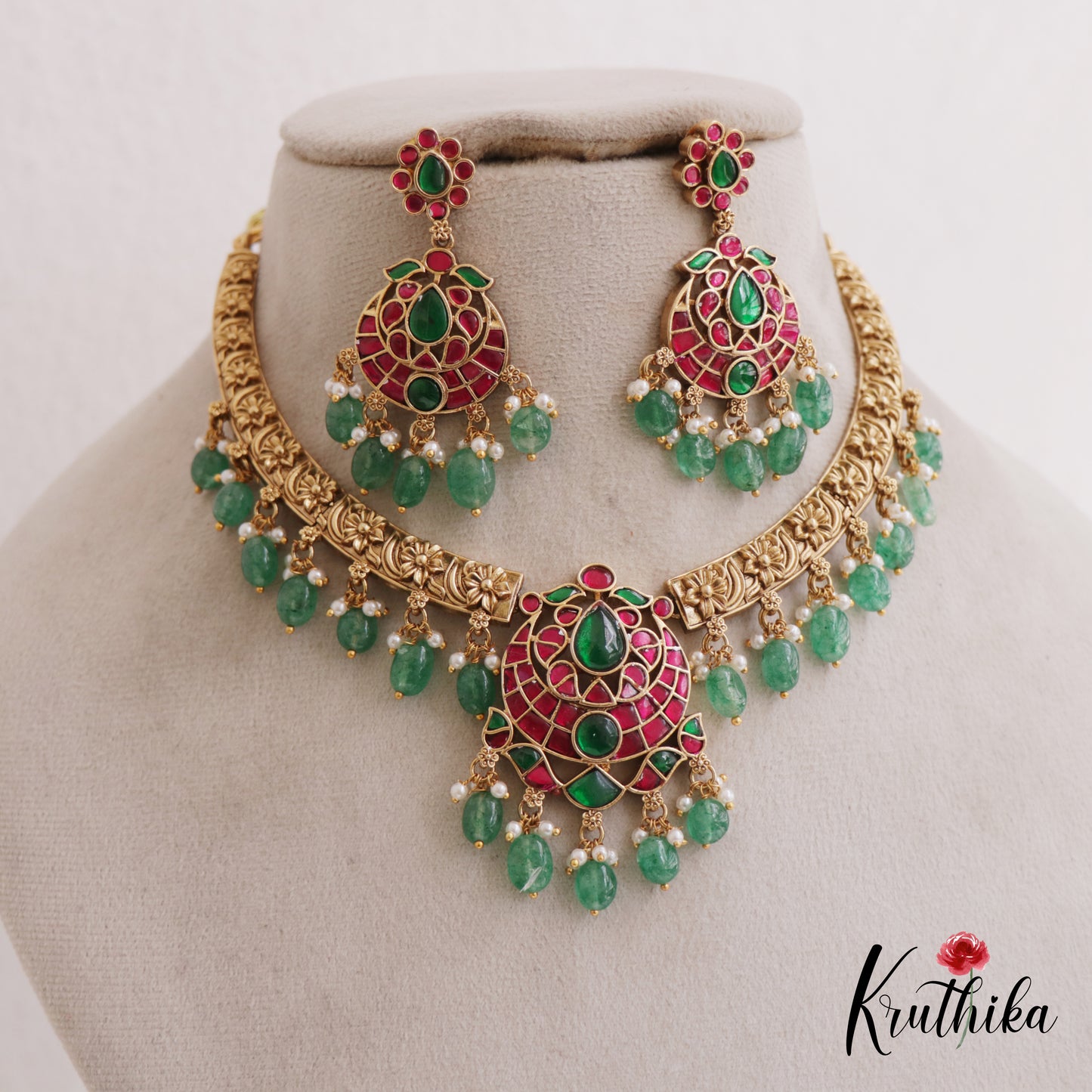 Elegant Antique Floral Motifs Jadau Necklace With Bead Drops NC2695 (Available In 2 Colors)